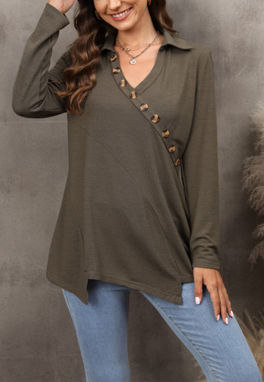 Contrast Button Asymmetrical Hem Sweater