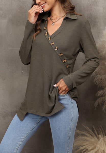 Contrast Button Asymmetrical Hem Sweater