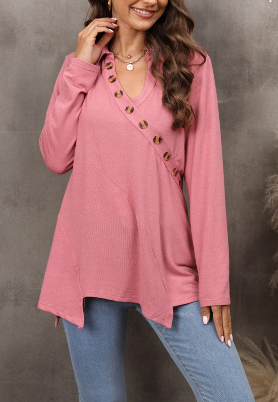 Contrast Button Asymmetrical Hem Sweater