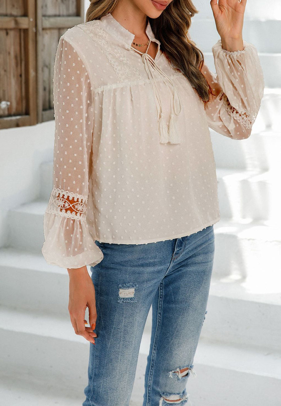 Tassel Tie Neck Clip Dot Blouse