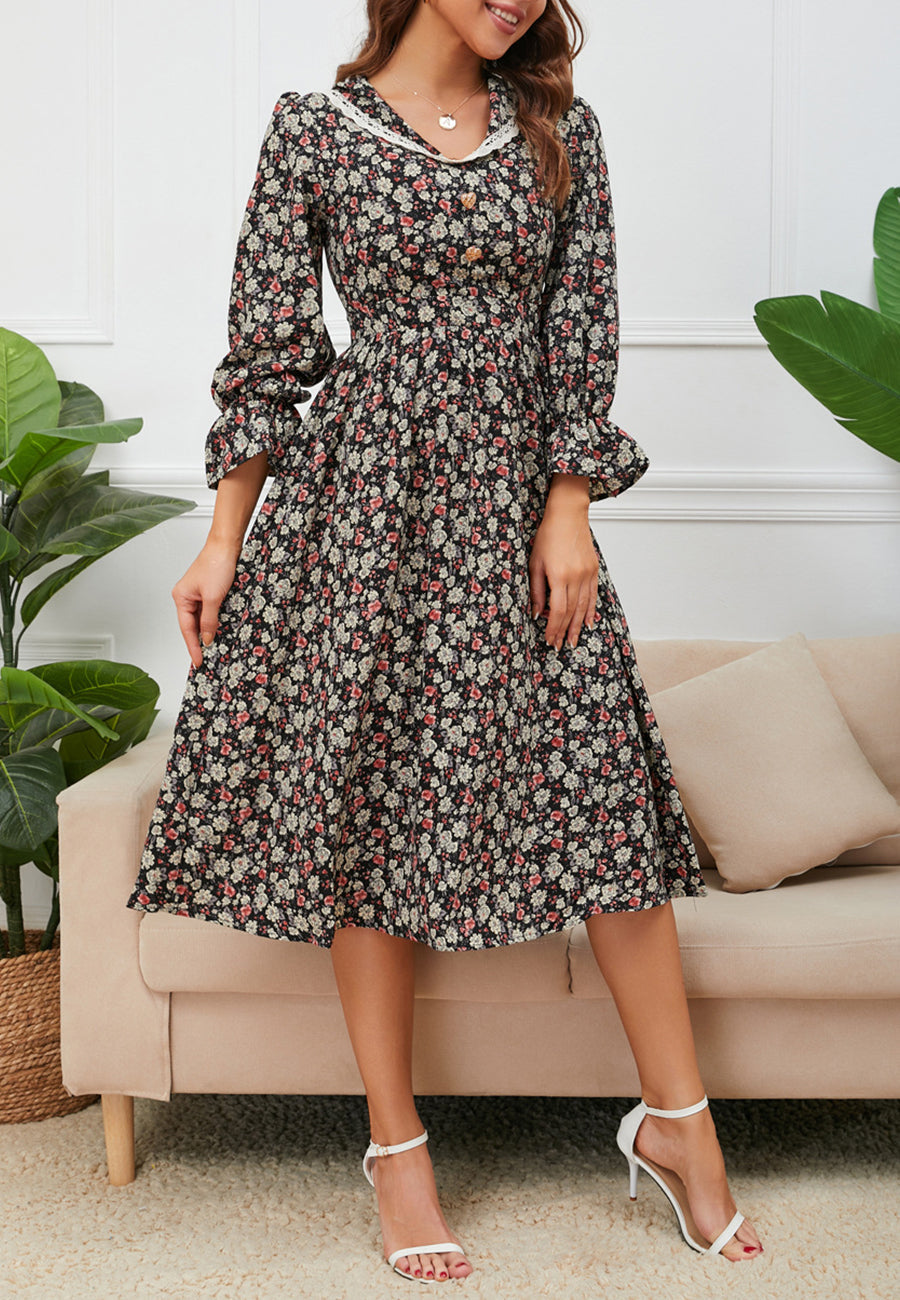 Lace Trim Collar Floral Dress - Small 4-6 / Burgundy Lace Trim Collar Floral Dress - Small 4-6 / Burgundy