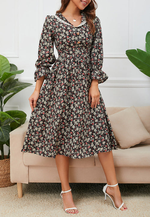 long sleeve knee length floral dress High Neck Long Sleeves Pleated Floral Dress