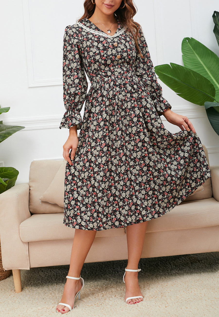 Lace Trim Collar Floral Dress - Small 4-6 / Burgundy Lace Trim Collar Floral Dress - Small 4-6 / Burgundy