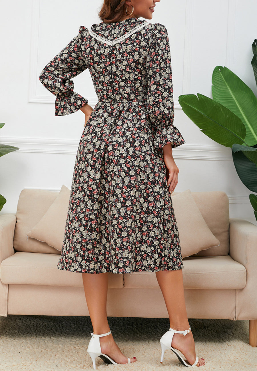 chinese dress ladies Lace Trim Collar Floral Print Long Sleeve Dress Below Knee Length –  Anna-Kaci