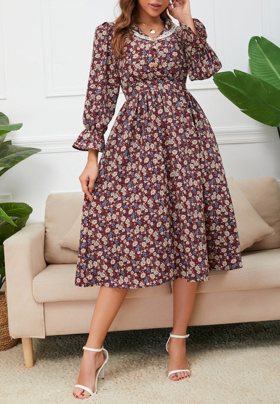 Lace Trim Collar Floral Dress - Small 4-6 / Burgundy Lace Trim Collar Floral Dress - Small 4-6 / Burgundy