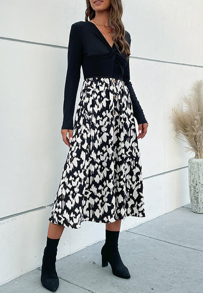 Two Tone Abstract Print Long Sleeve Dress