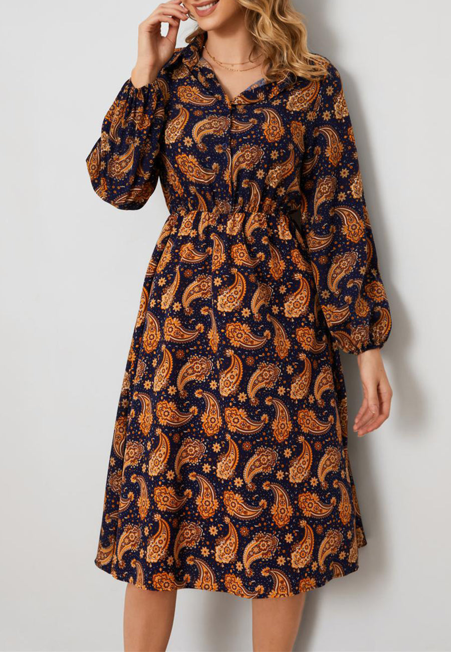 Paisley Print Button Front Dress