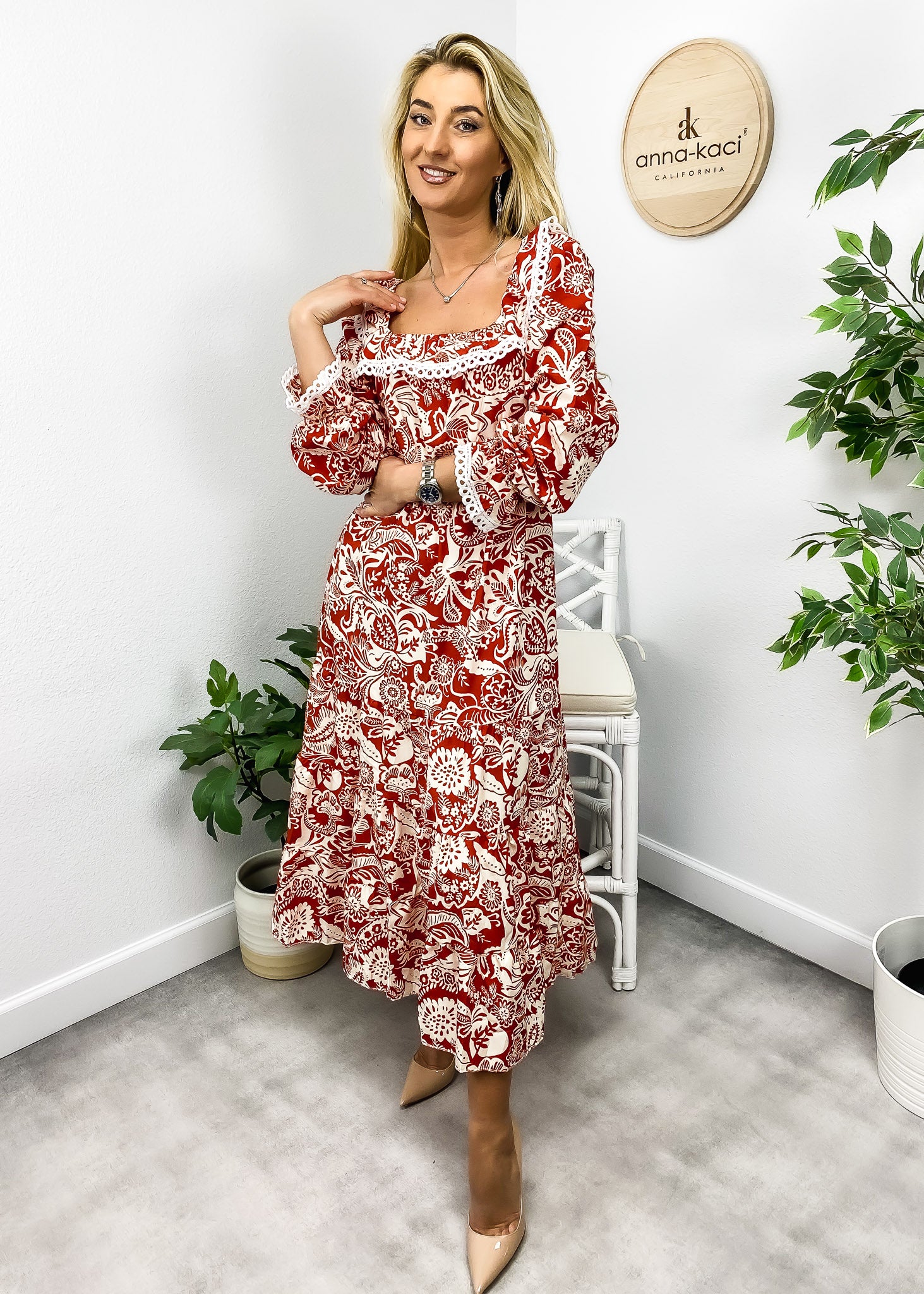 Crochet Trim Ruffle Neck Dress