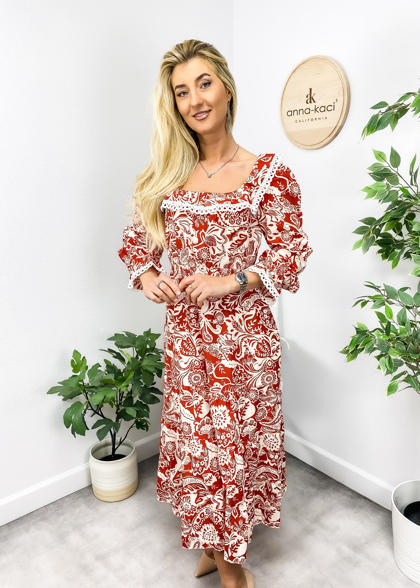 Crochet Trim Ruffle Neck Dress