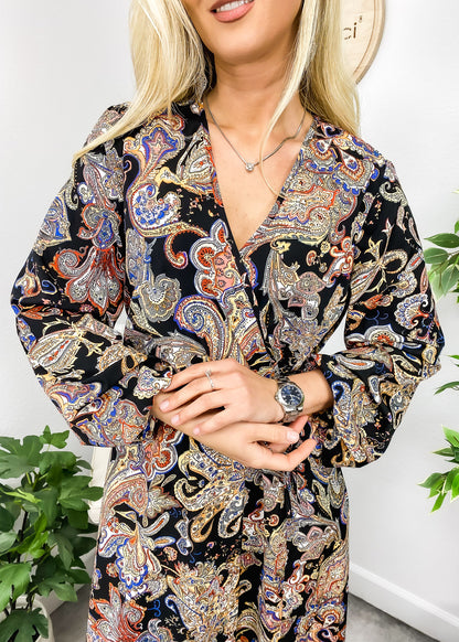Paisley Print Long Sleeve Midi Dress