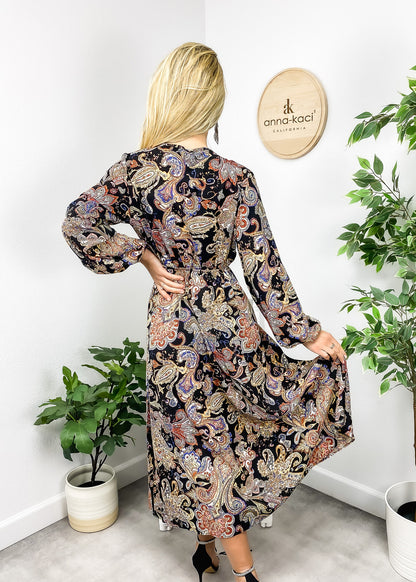 Paisley Print Long Sleeve Midi Dress
