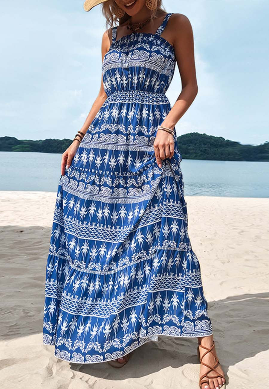 Straight Neck Tropical Print Dress