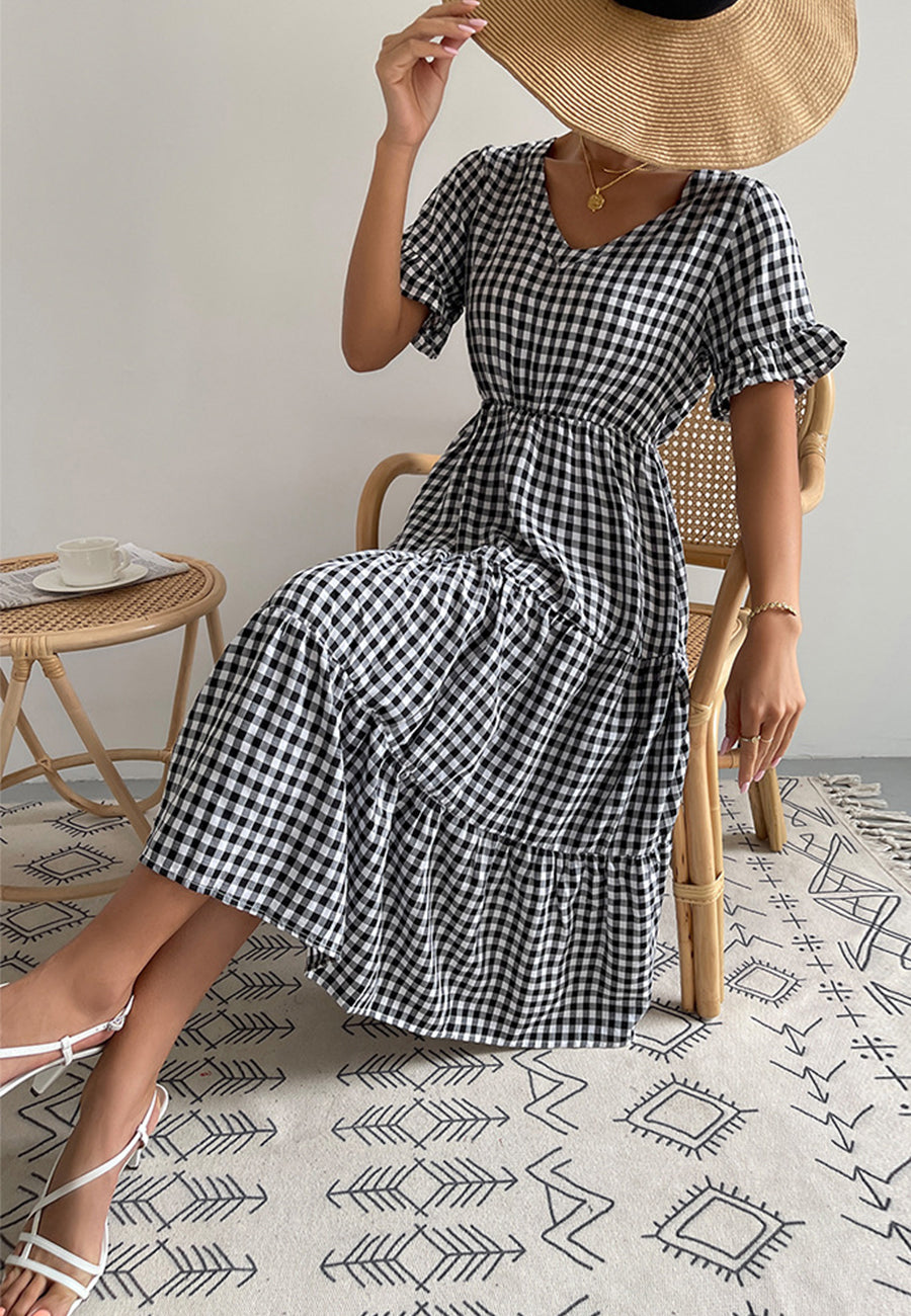 Vestido de manga corta con estampado de cuadros vichy