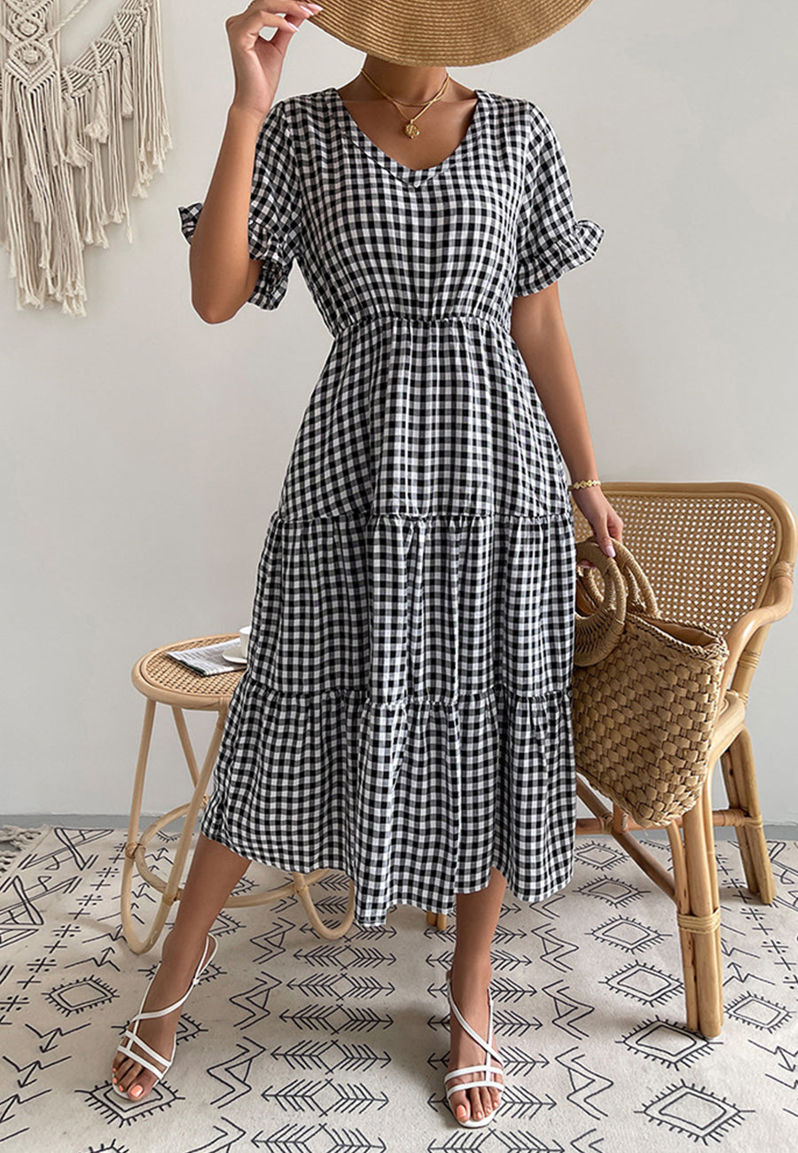 Vestido de manga corta con estampado de cuadros vichy