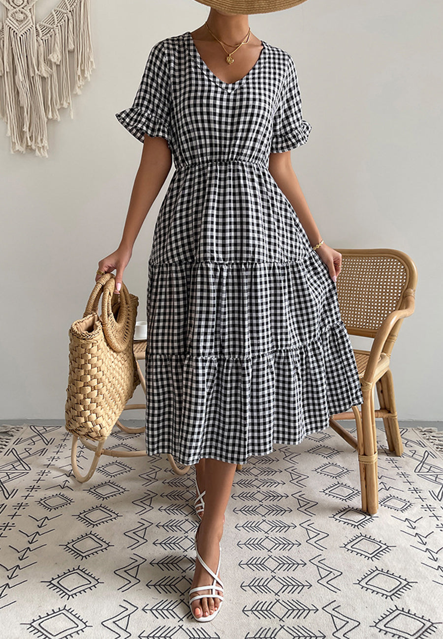Vestido de manga corta con estampado de cuadros vichy