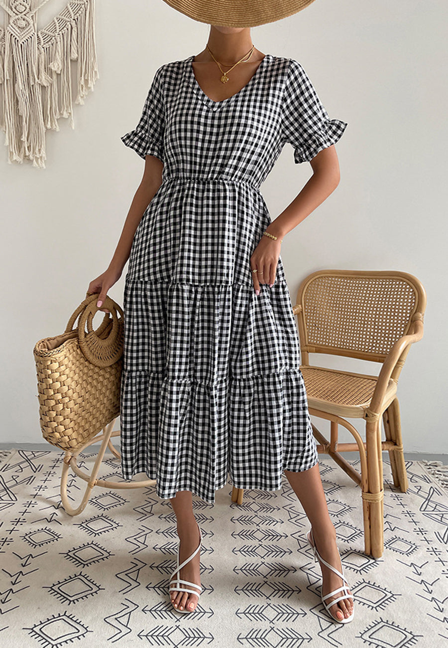 Vestido de manga corta con estampado de cuadros vichy