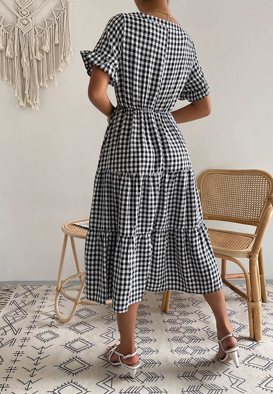Vestido de manga corta con estampado de cuadros vichy