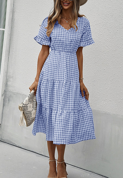 Gingham Print Short Sleeve Dress