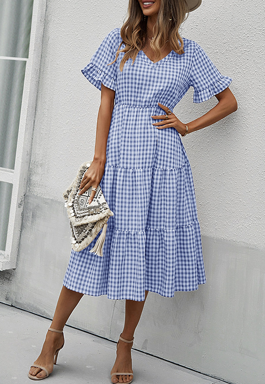 Vestido de manga corta con estampado de cuadros vichy