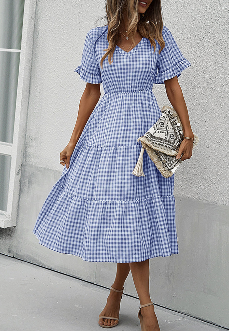 Vestido de manga corta con estampado de cuadros vichy