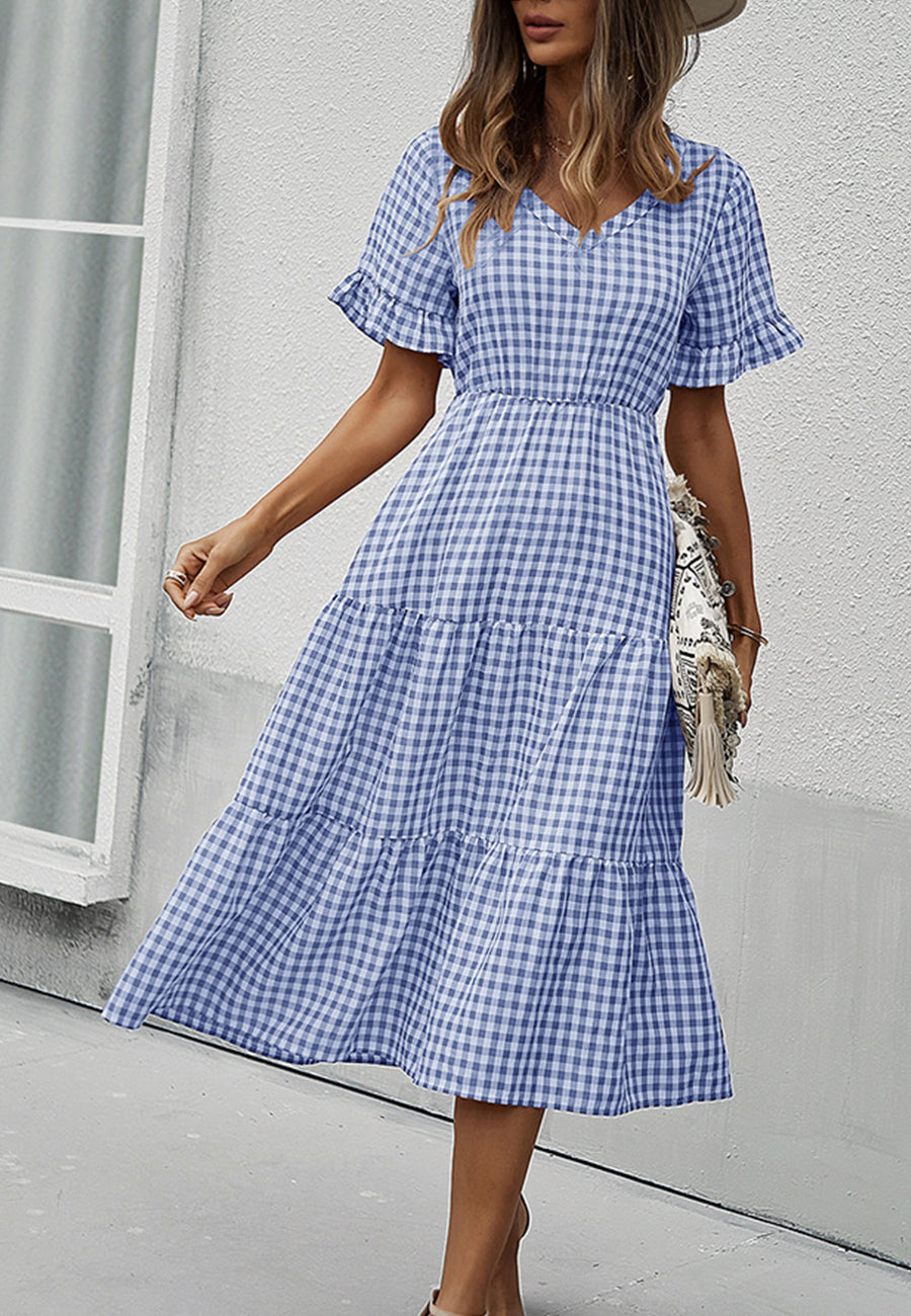Vestido de manga corta con estampado de cuadros vichy
