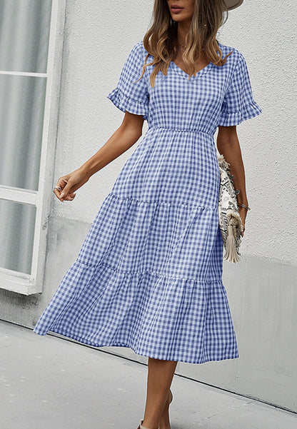 Gingham Print Short Sleeve Dress