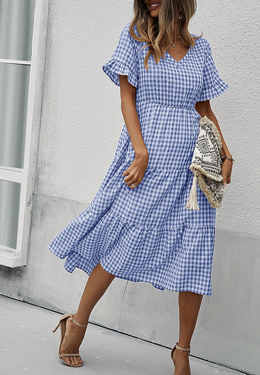 Vestido de manga corta con estampado de cuadros vichy