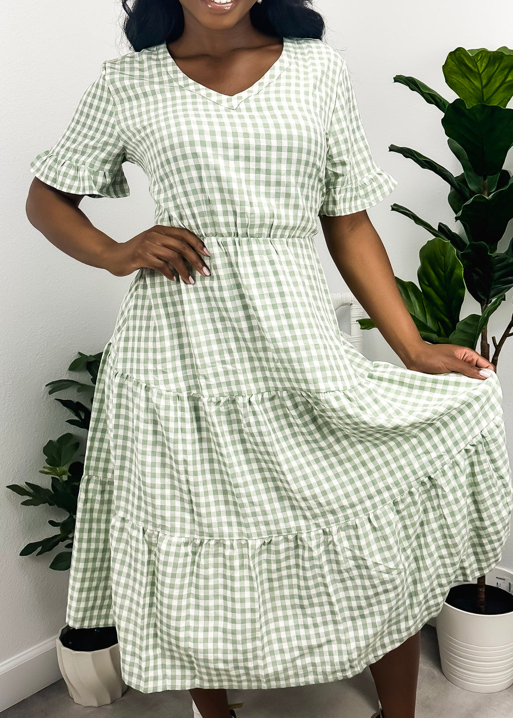 Vestido de manga corta con estampado de cuadros vichy