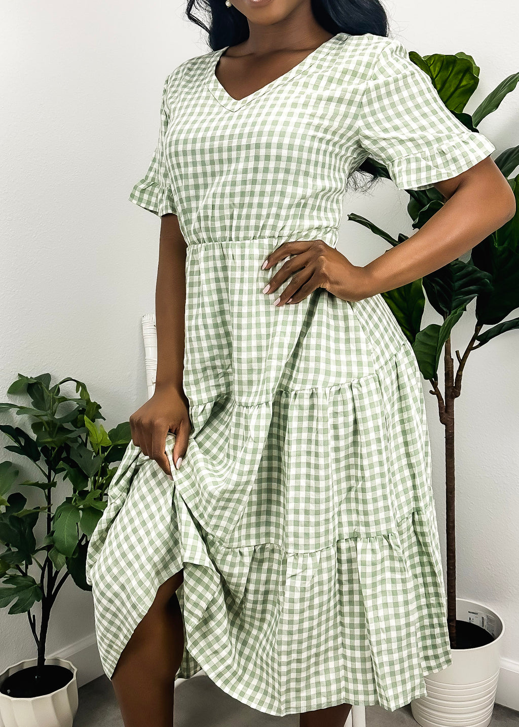 Vestido de manga corta con estampado de cuadros vichy