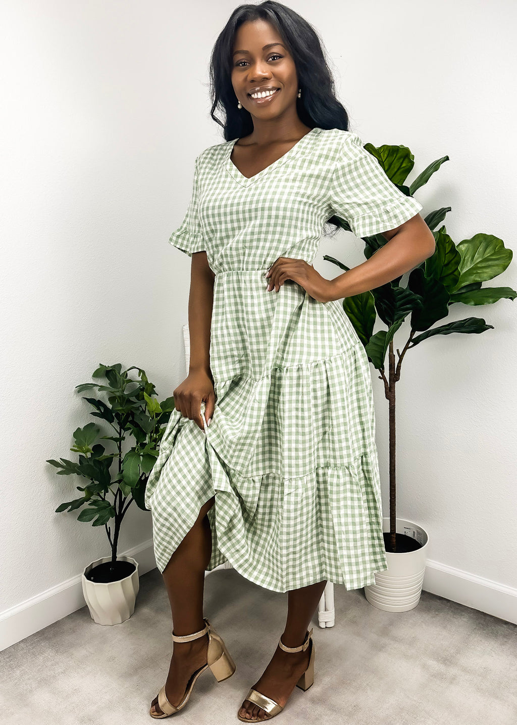 Vestido de manga corta con estampado de cuadros vichy