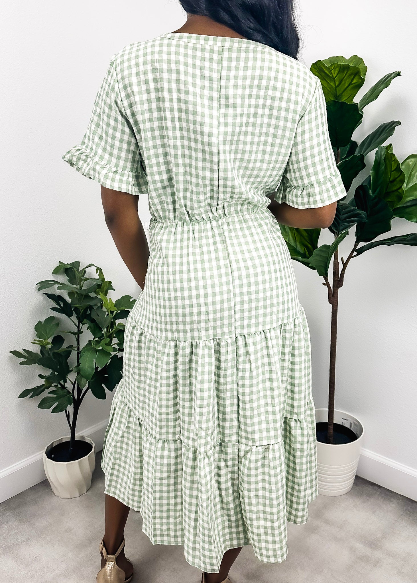 Vestido de manga corta con estampado de cuadros vichy