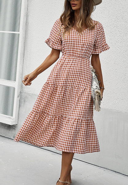 Gingham Print Short Sleeve Dress