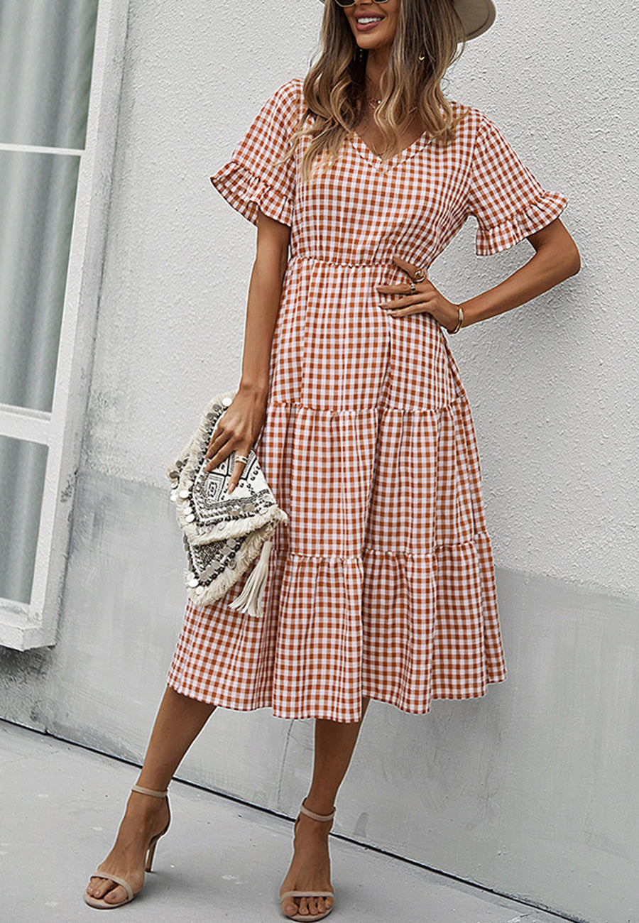 Vestido de manga corta con estampado de cuadros vichy
