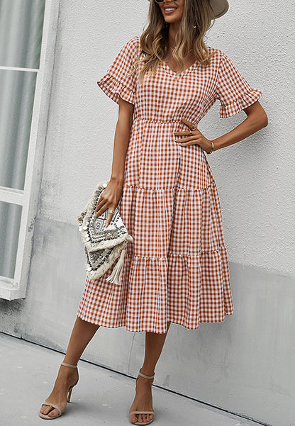 Gingham Print Short Sleeve Dress