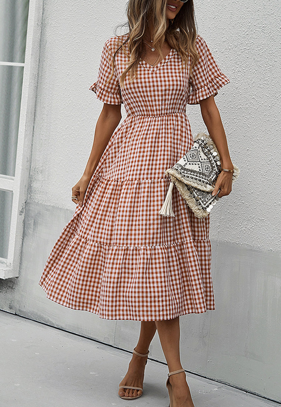 Vestido de manga corta con estampado de cuadros vichy