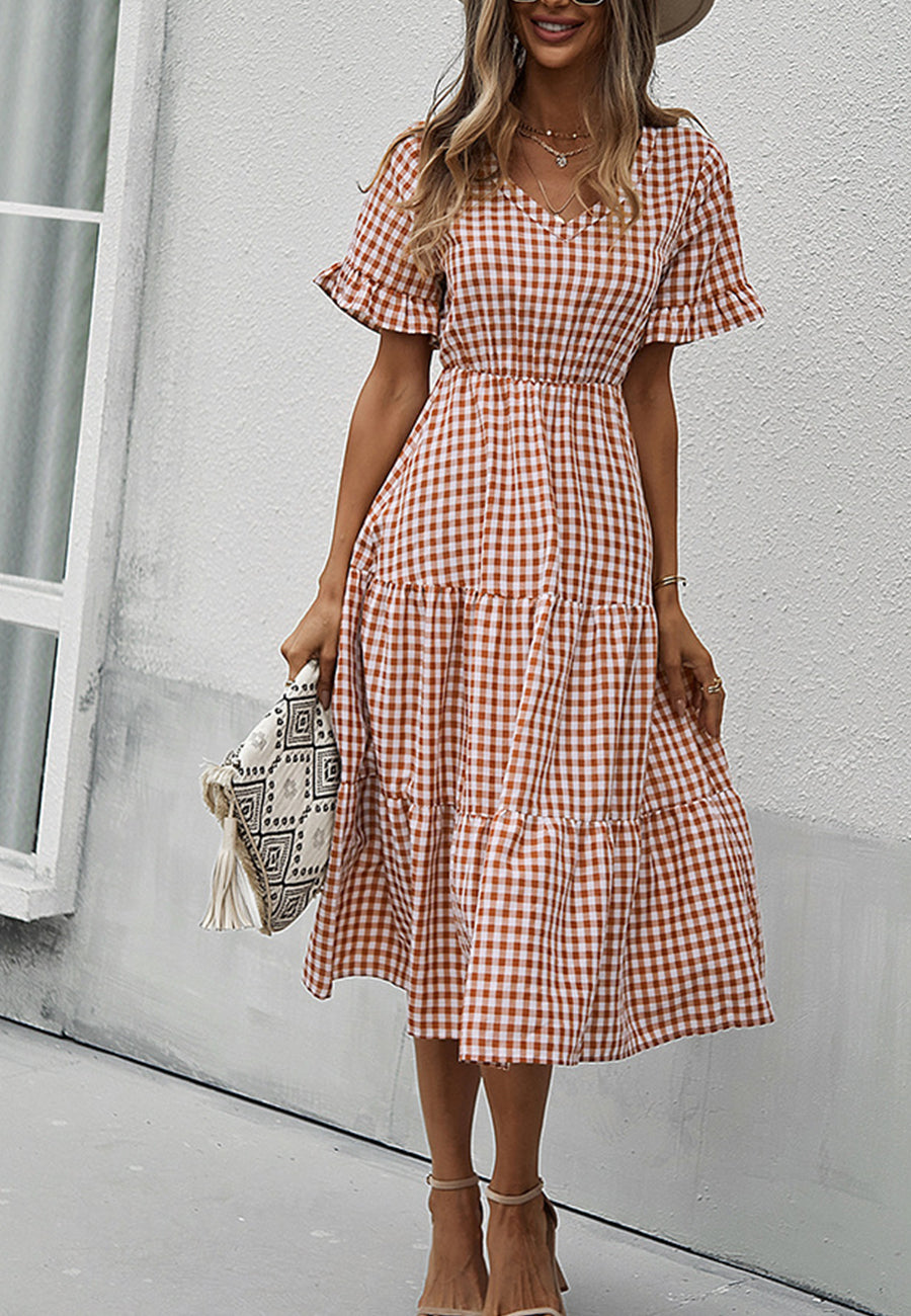Vestido de manga corta con estampado de cuadros vichy