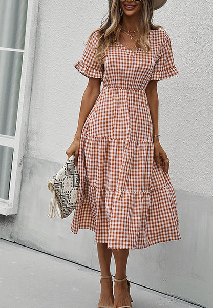 Gingham Print Short Sleeve Dress