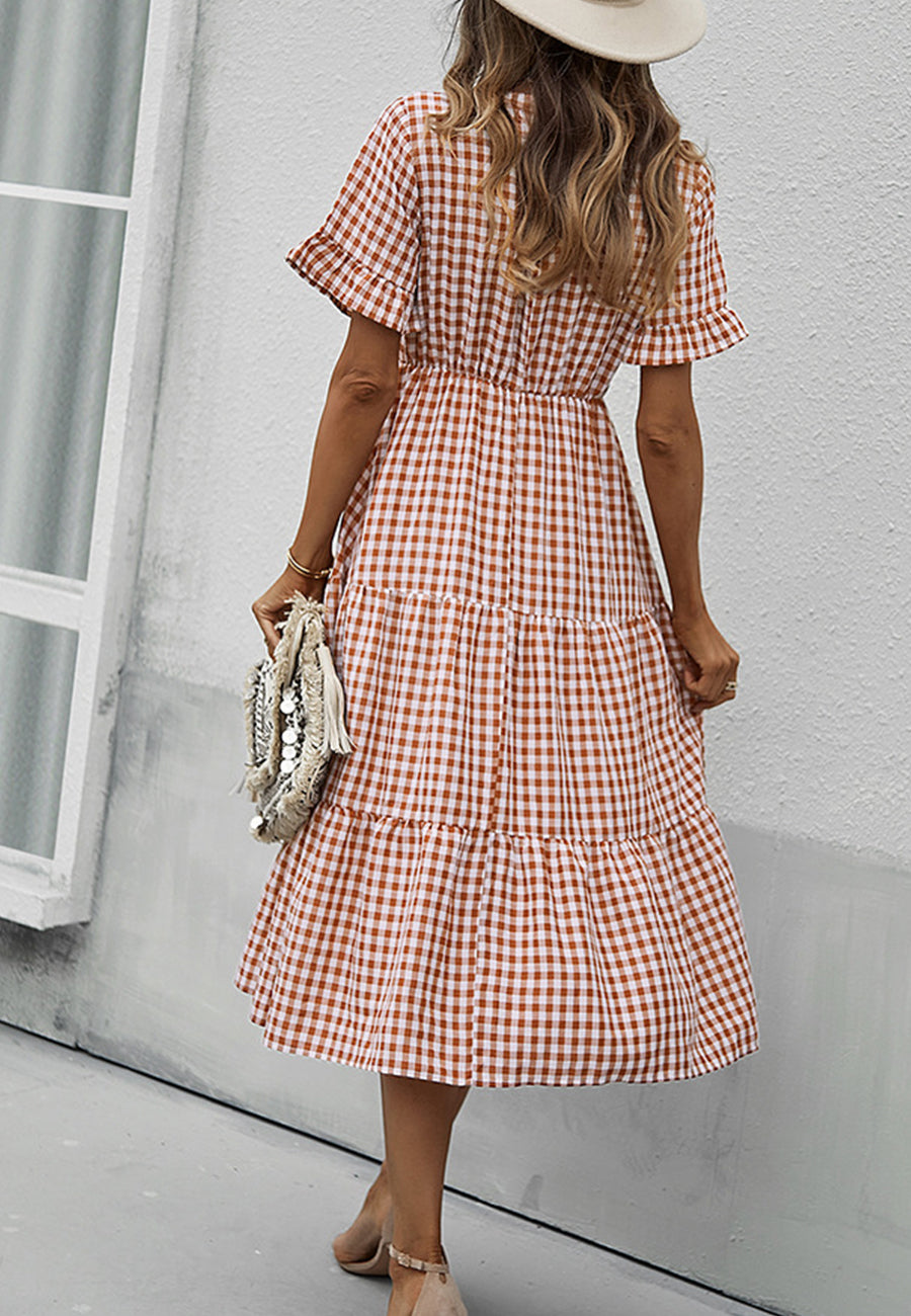 Vestido de manga corta con estampado de cuadros vichy