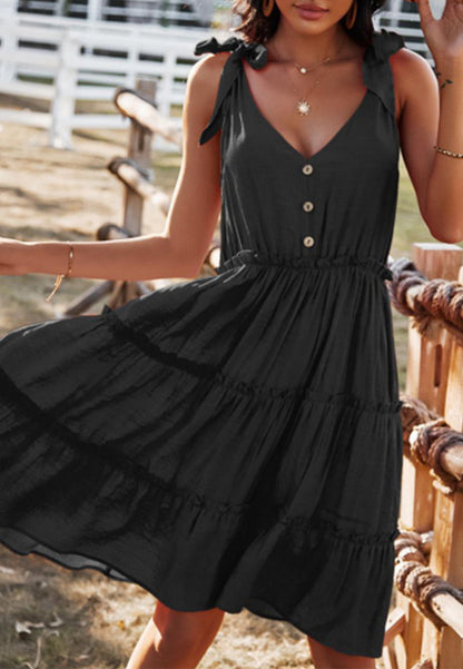 V Neck Tie Shoulder Tiered Dress