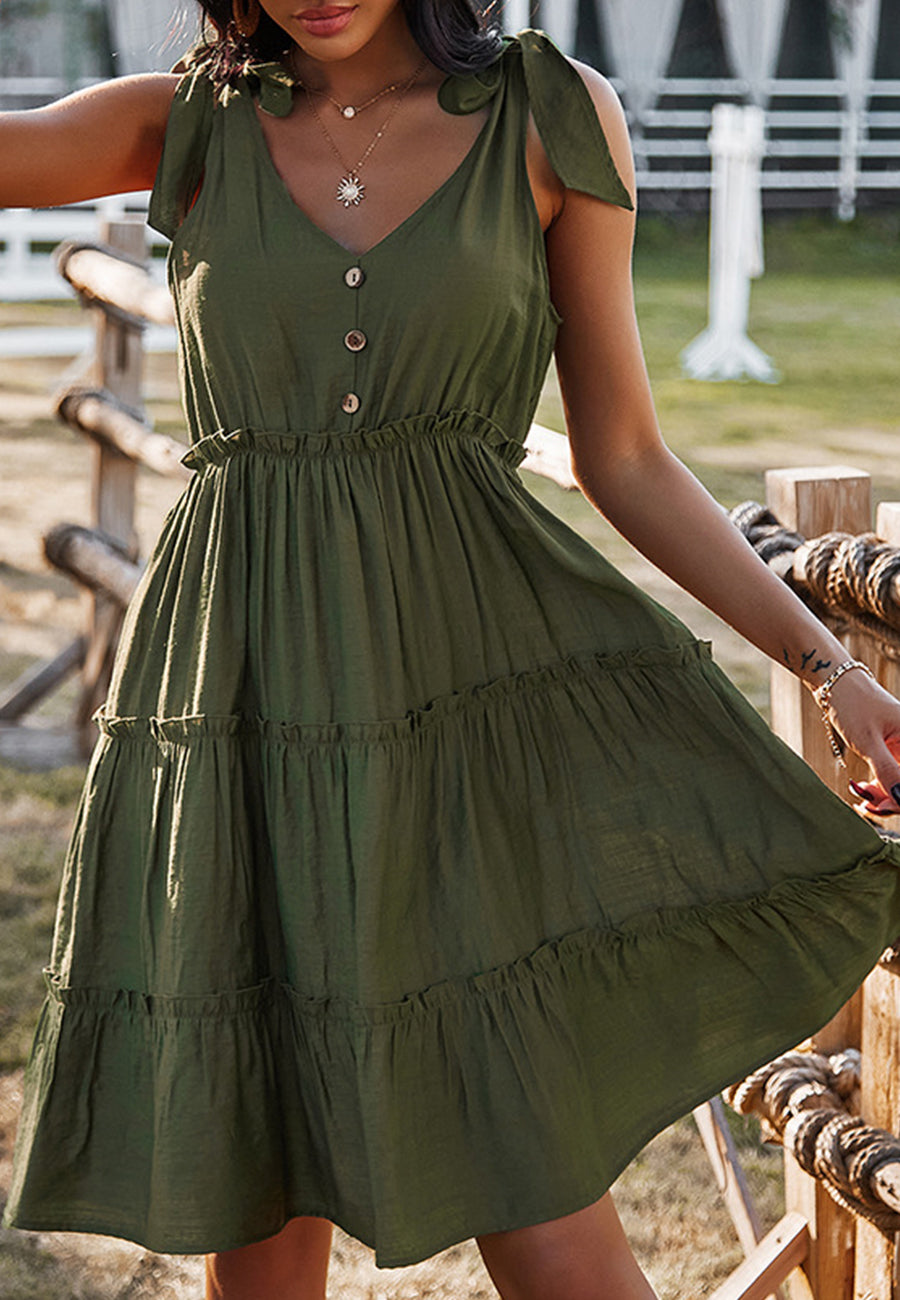 V Neck Tie Shoulder Tiered Dress