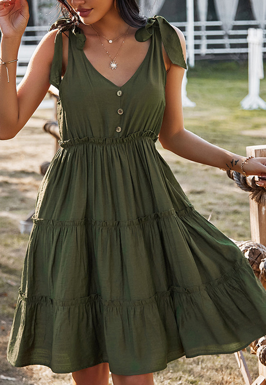 V Neck Tie Shoulder Tiered Dress