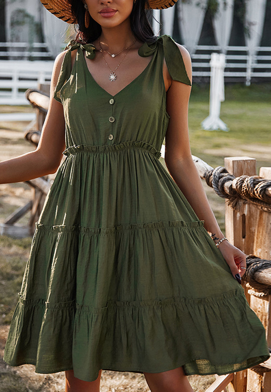 V Neck Tie Shoulder Tiered Dress