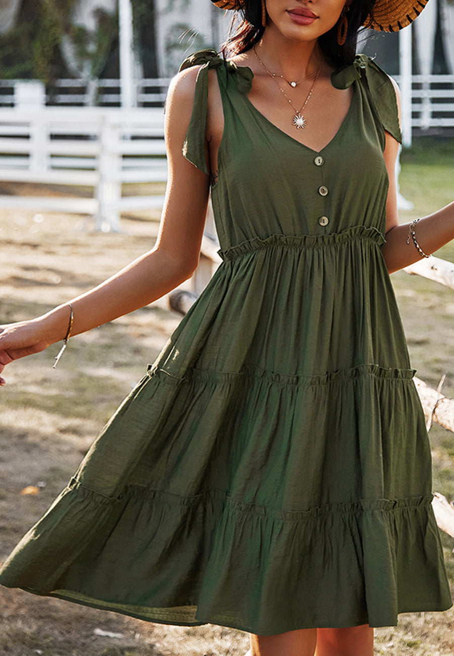 V Neck Tie Shoulder Tiered Dress