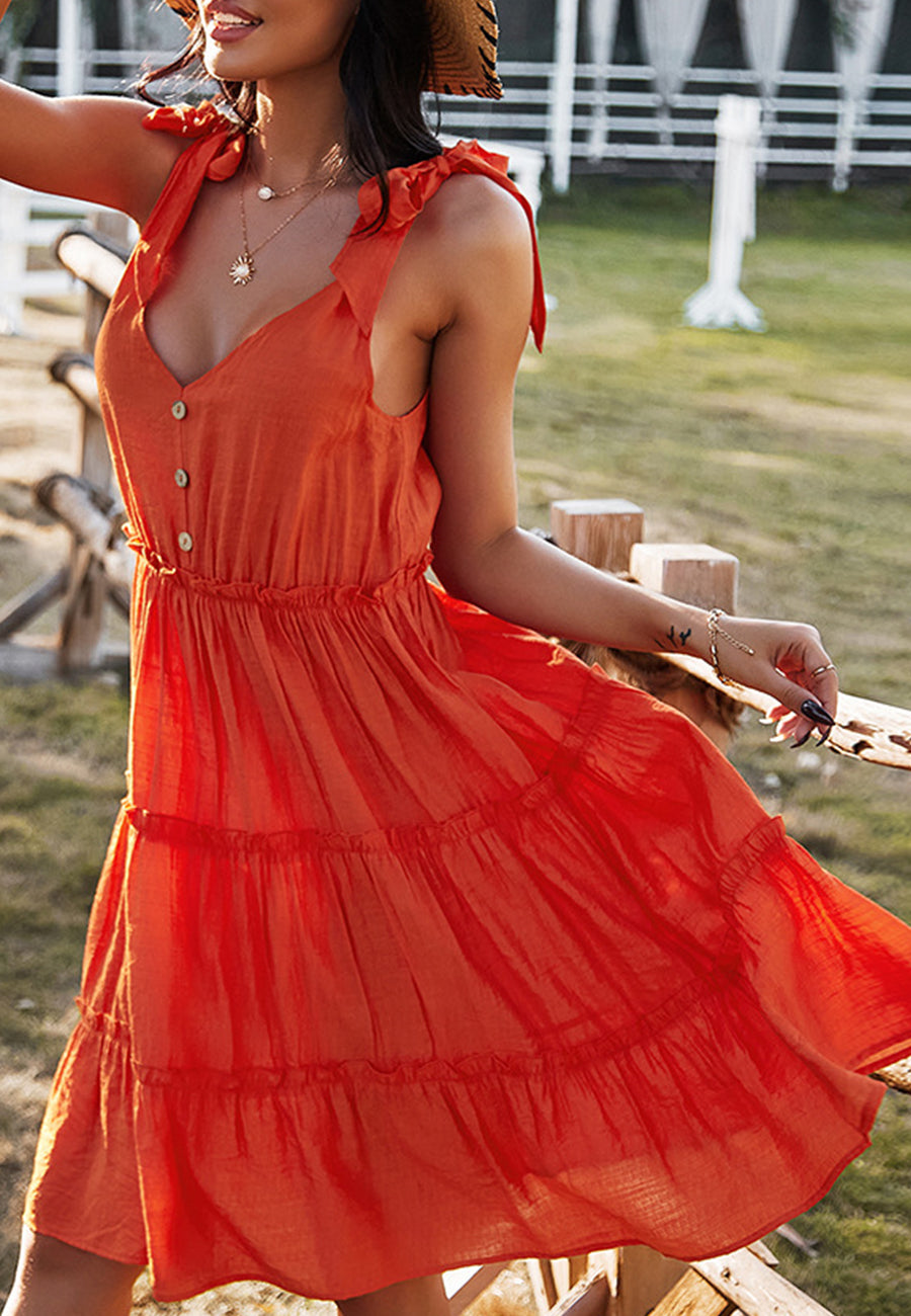 V Neck Tie Shoulder Tiered Dress