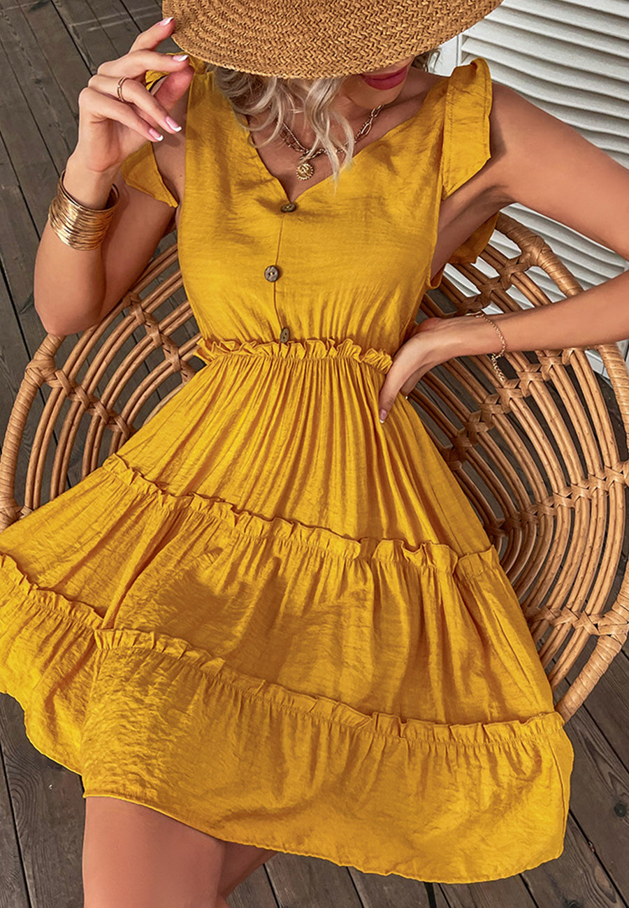 V Neck Tie Shoulder Tiered Dress