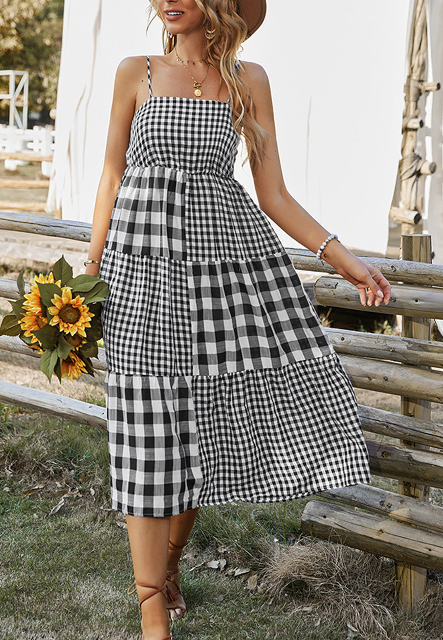 Vestido de cuadros vichy mixtos con cuello recto 