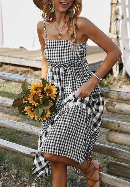 Vestido de cuadros vichy mixtos con cuello recto 