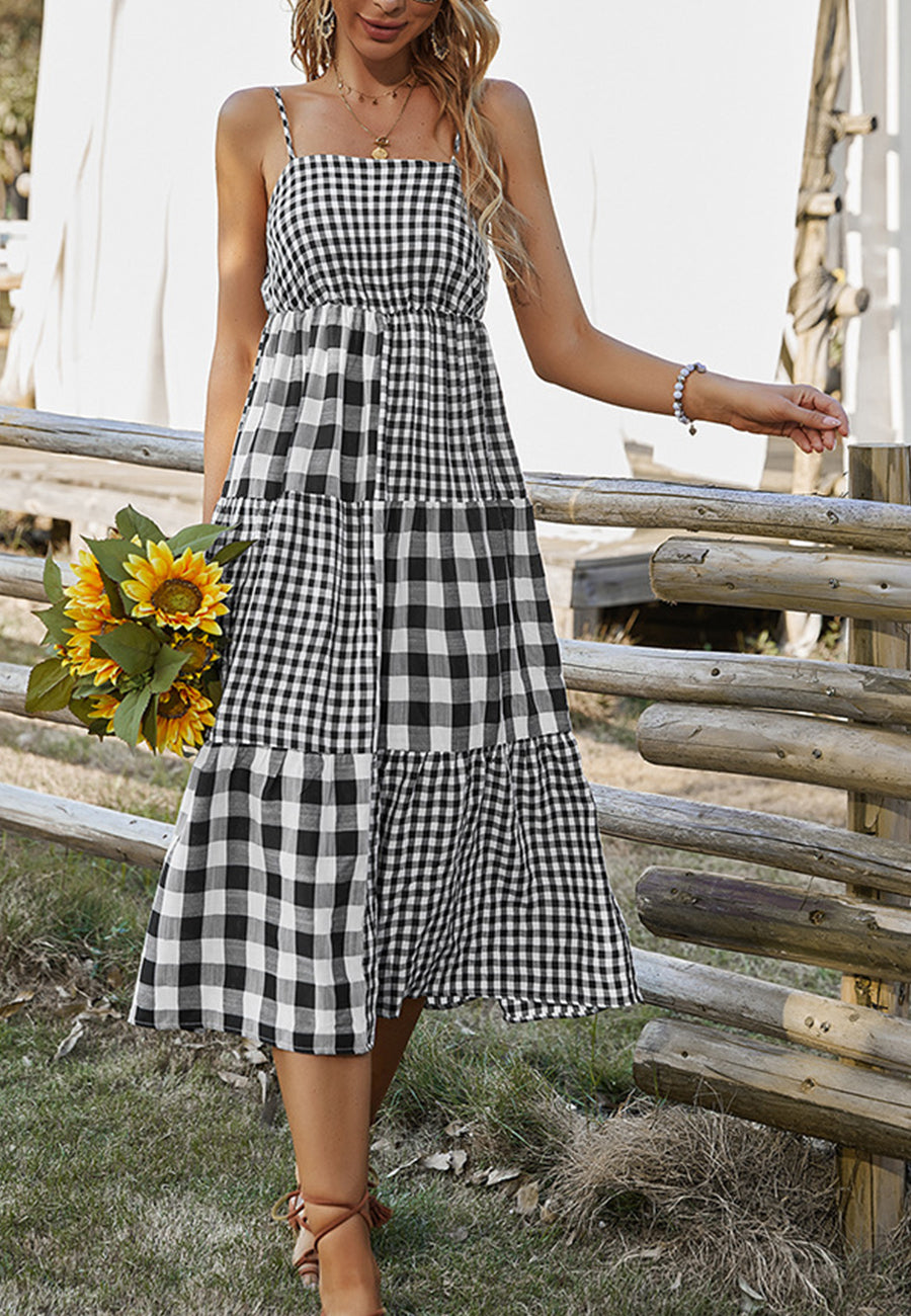 Vestido de cuadros vichy mixtos con cuello recto 