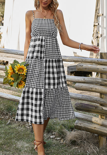 Vestido de cuadros vichy mixtos con cuello recto 