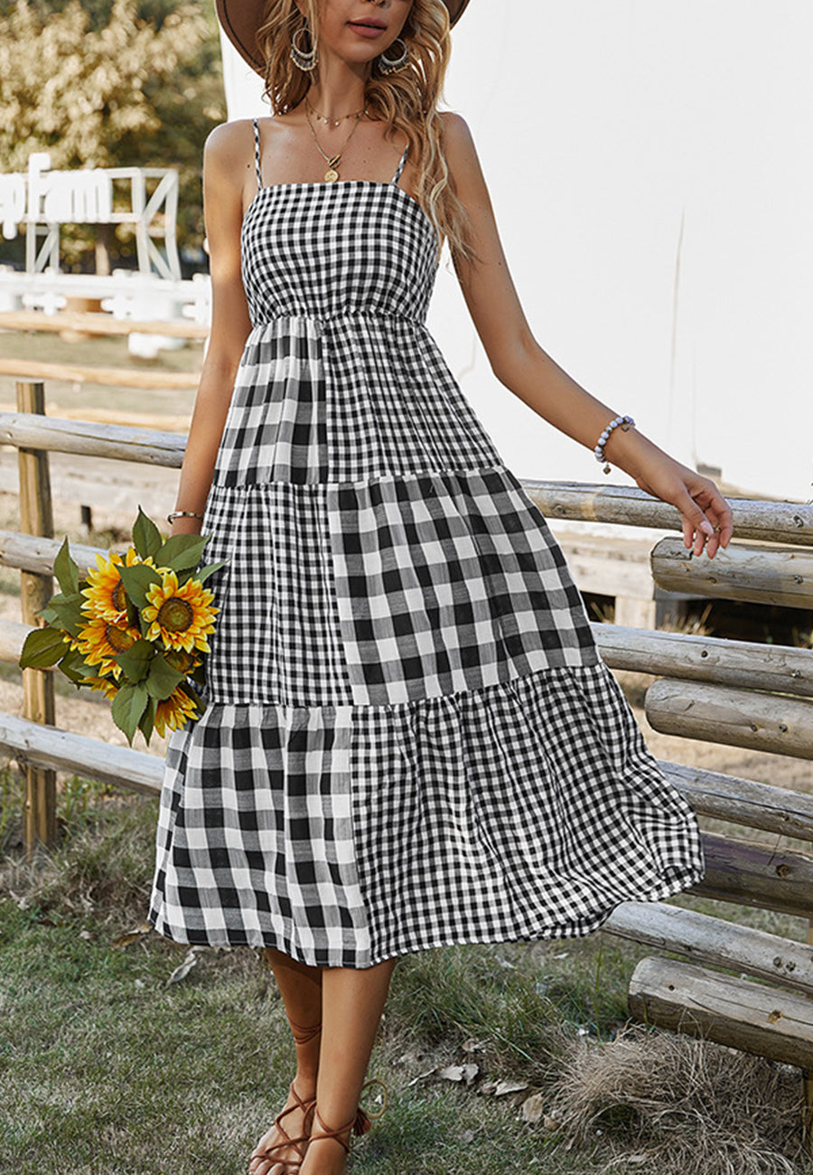 Vestido de cuadros vichy mixtos con cuello recto 